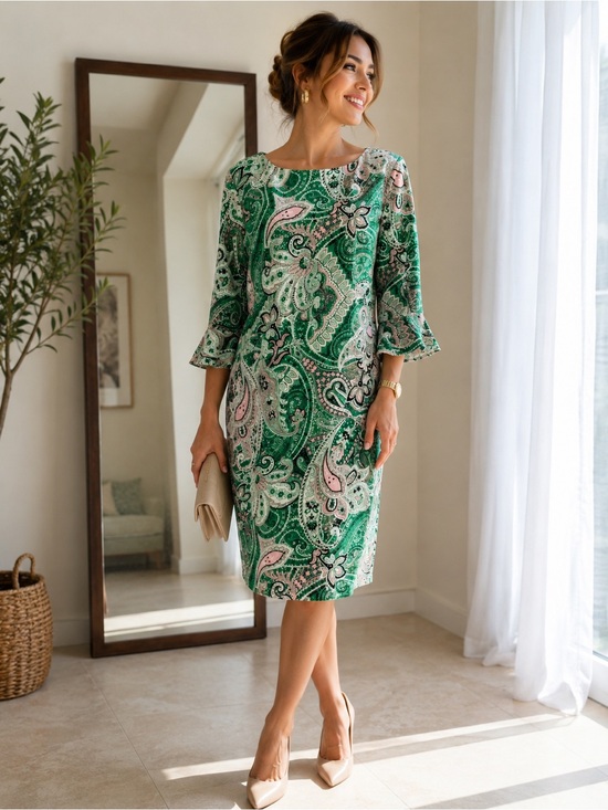 Dresses & Skirts - Kasper printed Ruffle -sleeve sheath green paisley print Dress women’s size 10